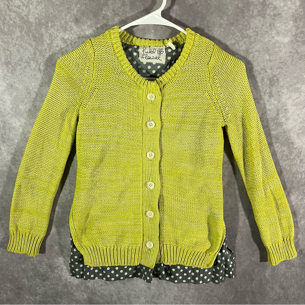 Anthropologie Lime Green Polka Dot Shirting Knit Cardigan by Field‎ Flower Sz XS